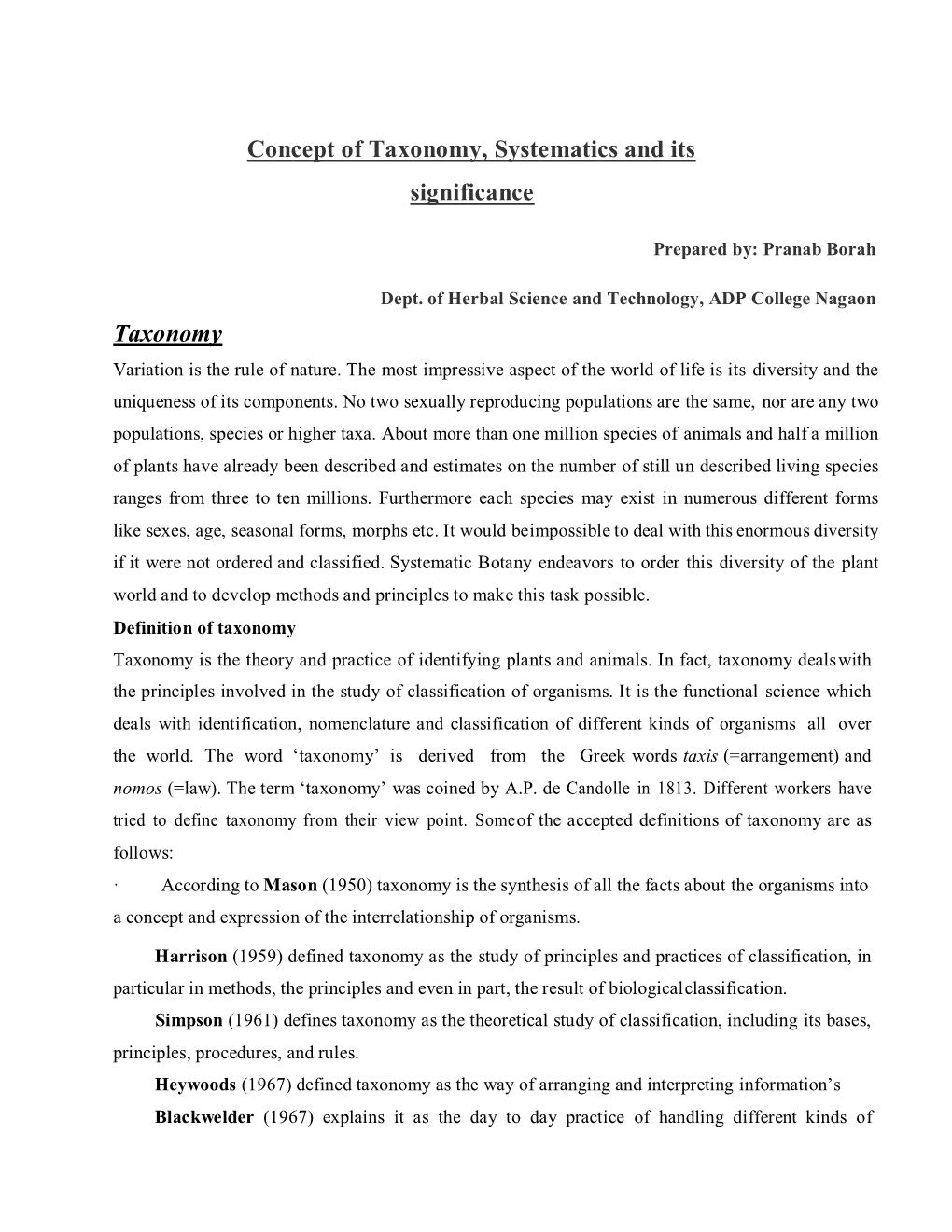 Concept of Taxonomy, Systematics and Its Significance Taxonomy