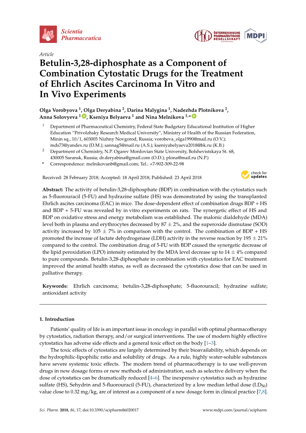 Betulin-3,28-Diphosphate As a Component of Combination Cytostatic Drugs for the Treatment of Ehrlich Ascites Carcinoma in Vitro and in Vivo Experiments