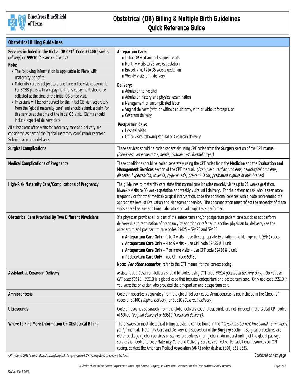 Obstetrical Billing & Multiple Birth Guidelines Quick Reference Guide