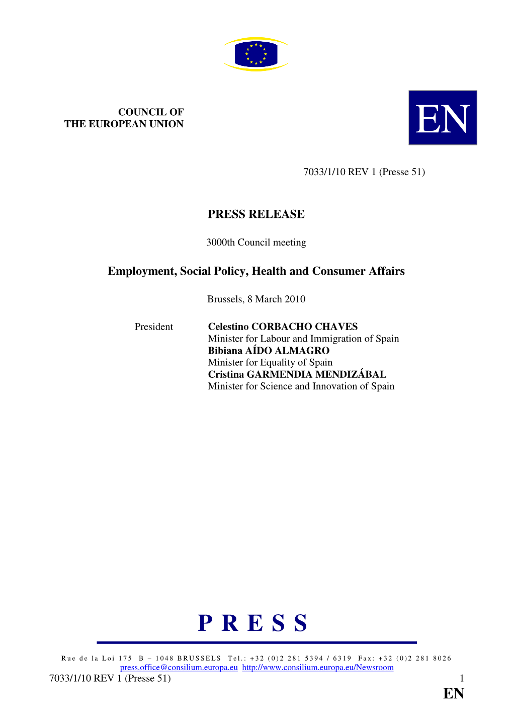 PRESS RELEASE Employment, Social Policy, Health And