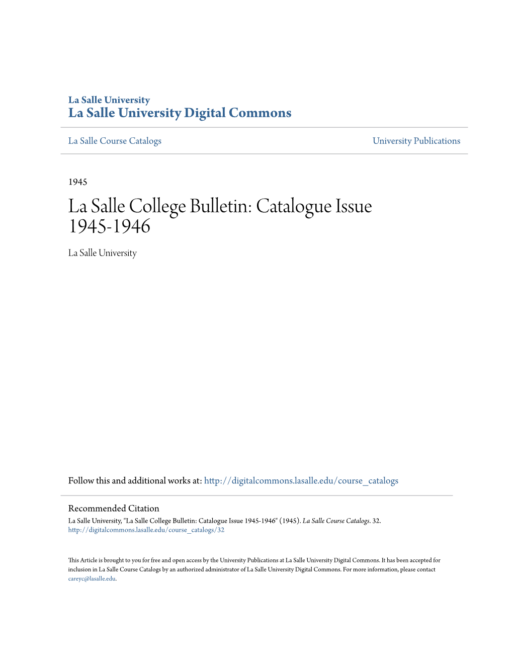 La Salle College Bulletin: Catalogue Issue 1945-1946 La Salle University
