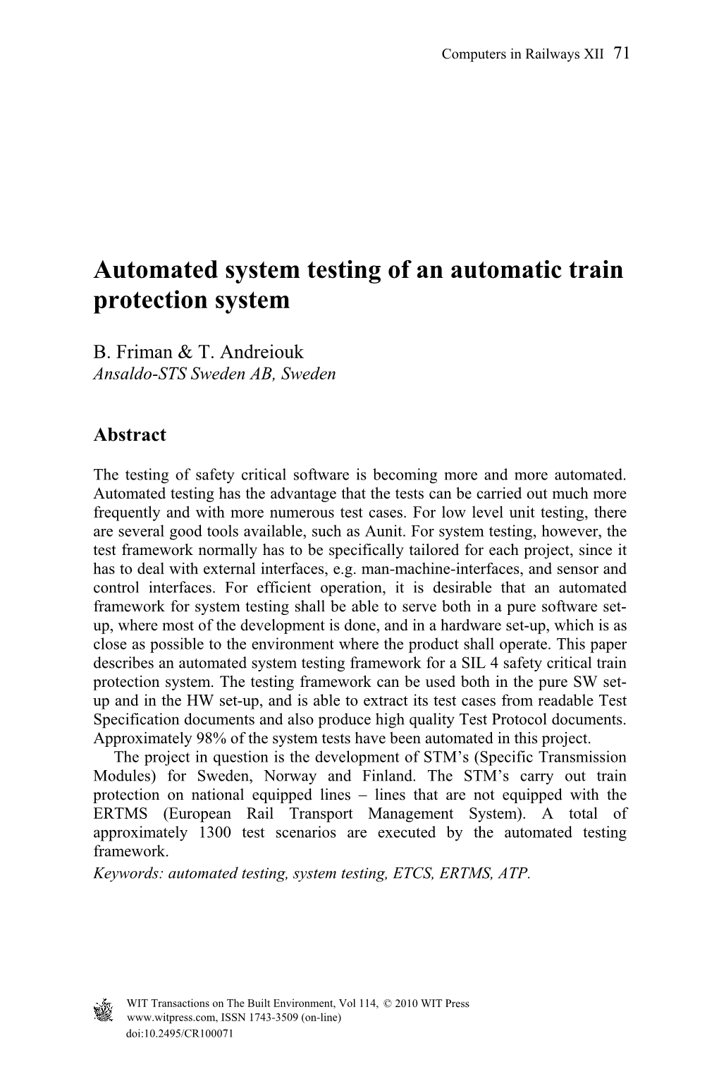 Automated System Testing of an Automatic Train Protection System