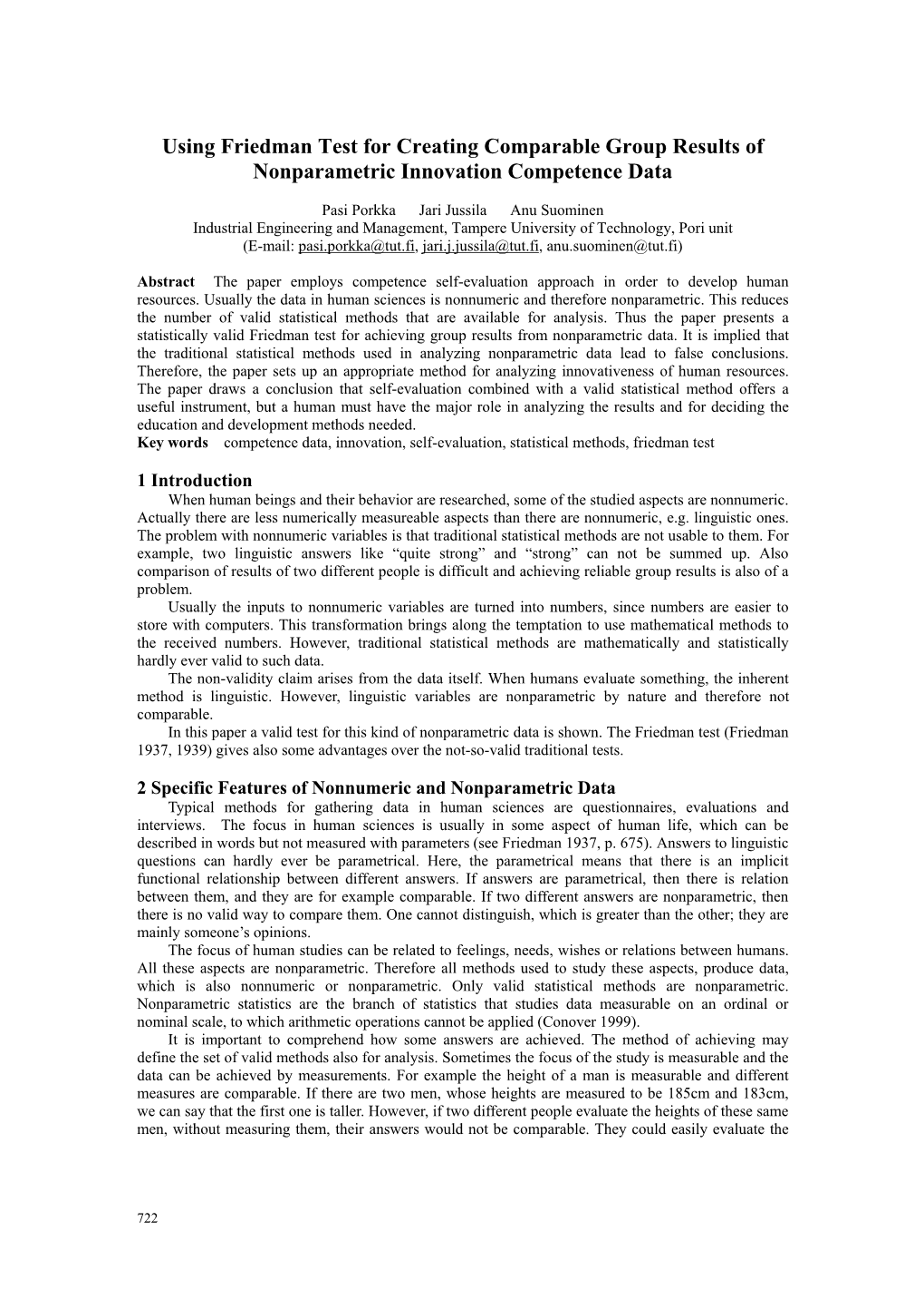 Using Friedman Test for Creating Comparable Group Results of Nonparametric Innovation Competence Data