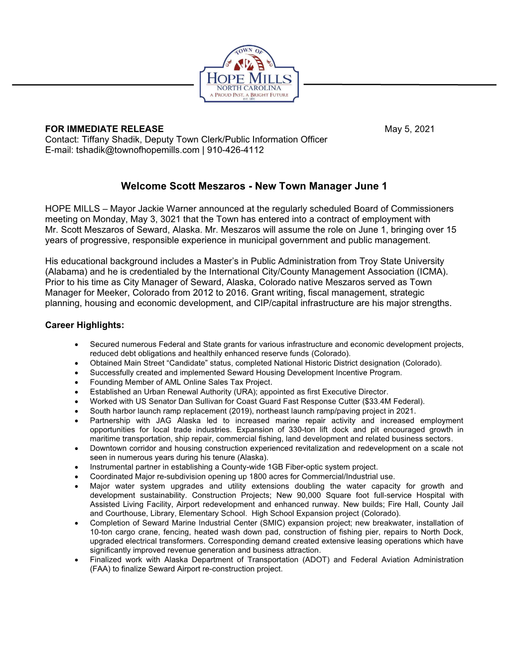 Scott Meszaros - New Town Manager June 1