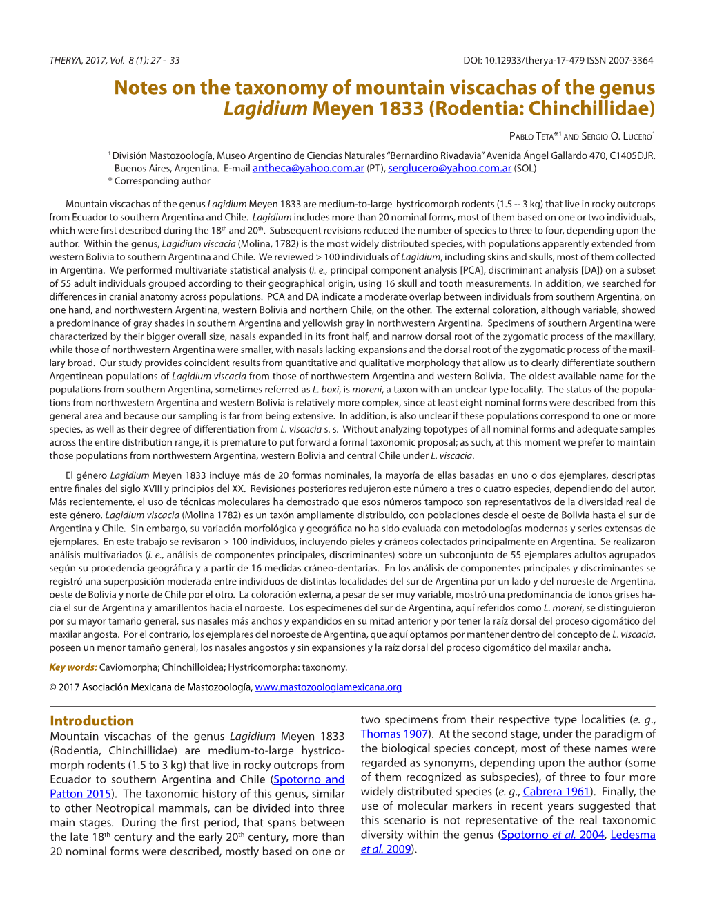 Notes on the Taxonomy of Mountain Viscachas of the Genus Lagidium Meyen 1833 (Rodentia: Chinchillidae)