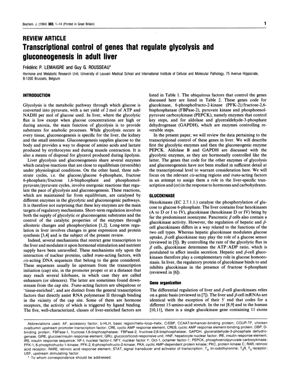 Transcriptional Control of Genes That Regulate Glycolysis and Gluconeogenesis in Adult Liver Frederic P