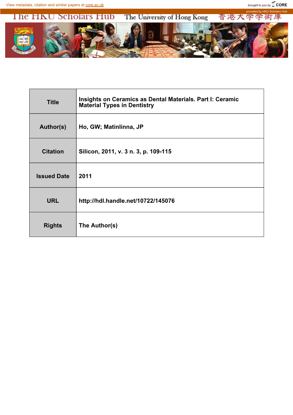 Title Insights on Ceramics As Dental Materials. Part I