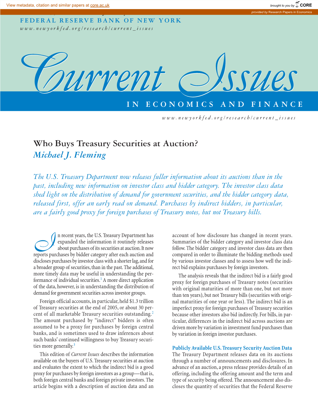 Who Buys Treasury Securities at Auction? Michael J