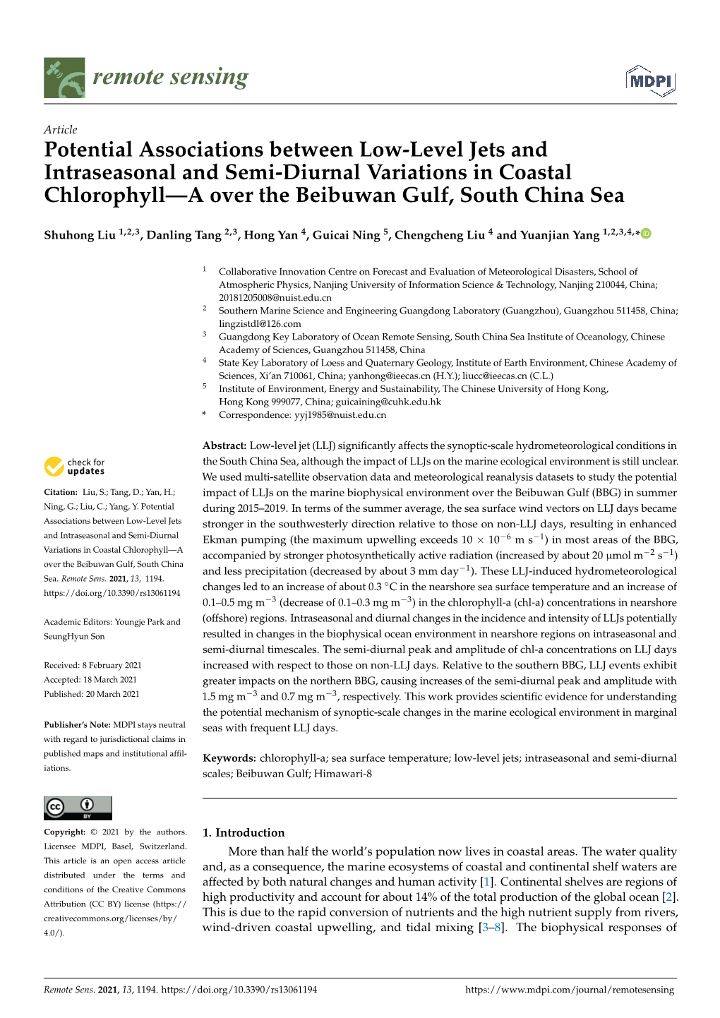 Potential Associations Between Low-Level Jets and Intraseasonal and Semi-Diurnal Variations in Coastal Chlorophyll—A Over the Beibuwan Gulf, South China Sea