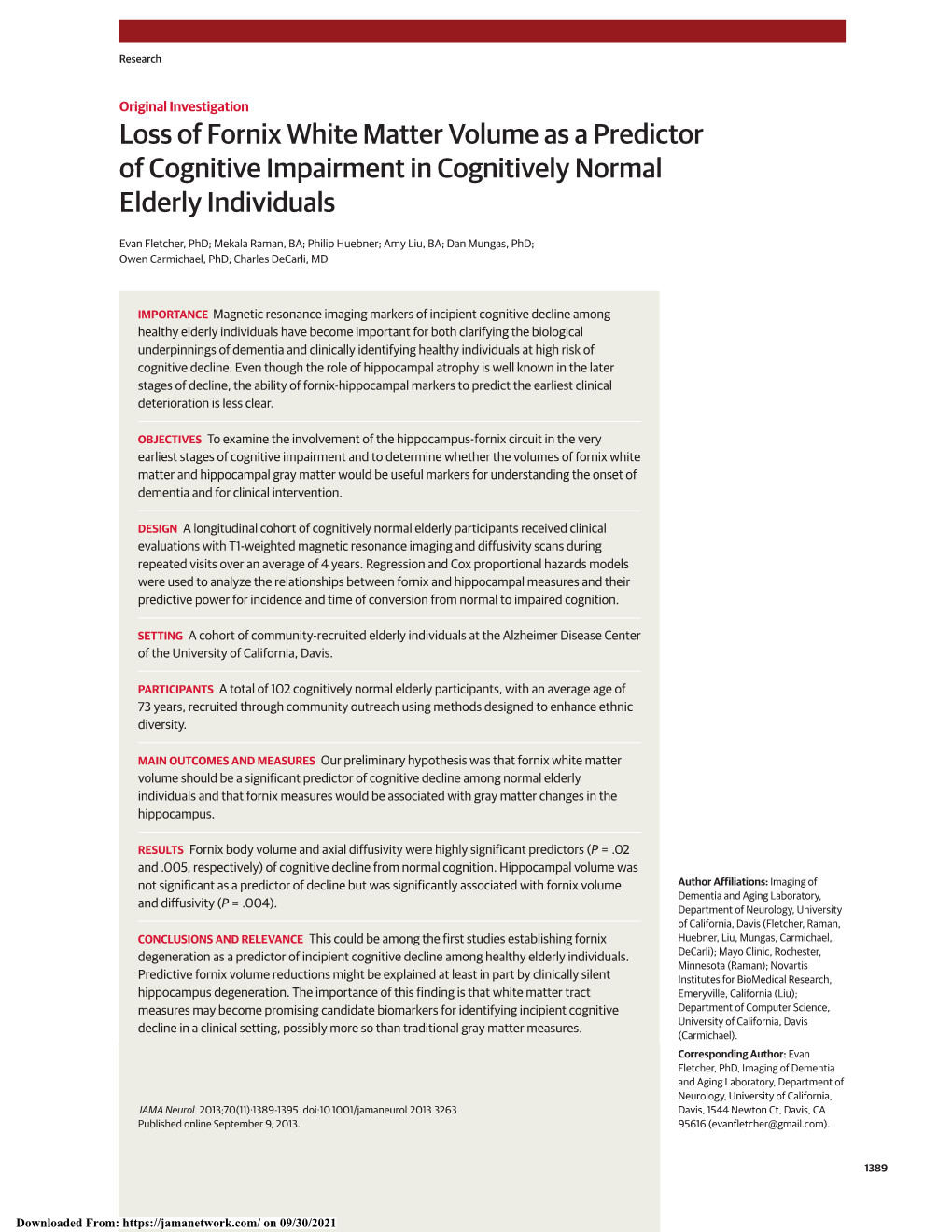 Loss of Fornix White Matter Volume As a Predictor of Cognitive Impairment in Cognitively Normal Elderly Individuals