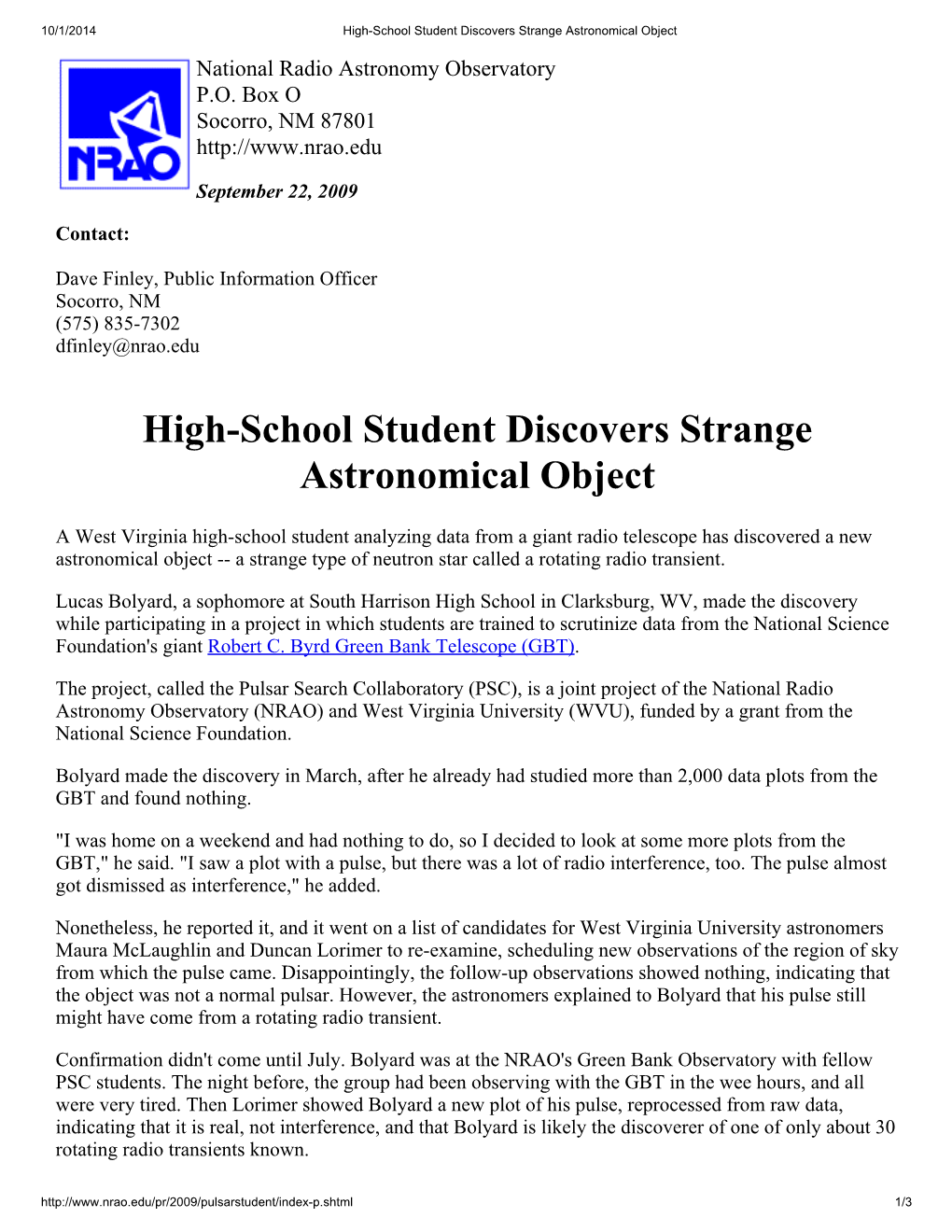 High-School Student Discovers Strange Astronomical Object National Radio Astronomy Observatory P.O