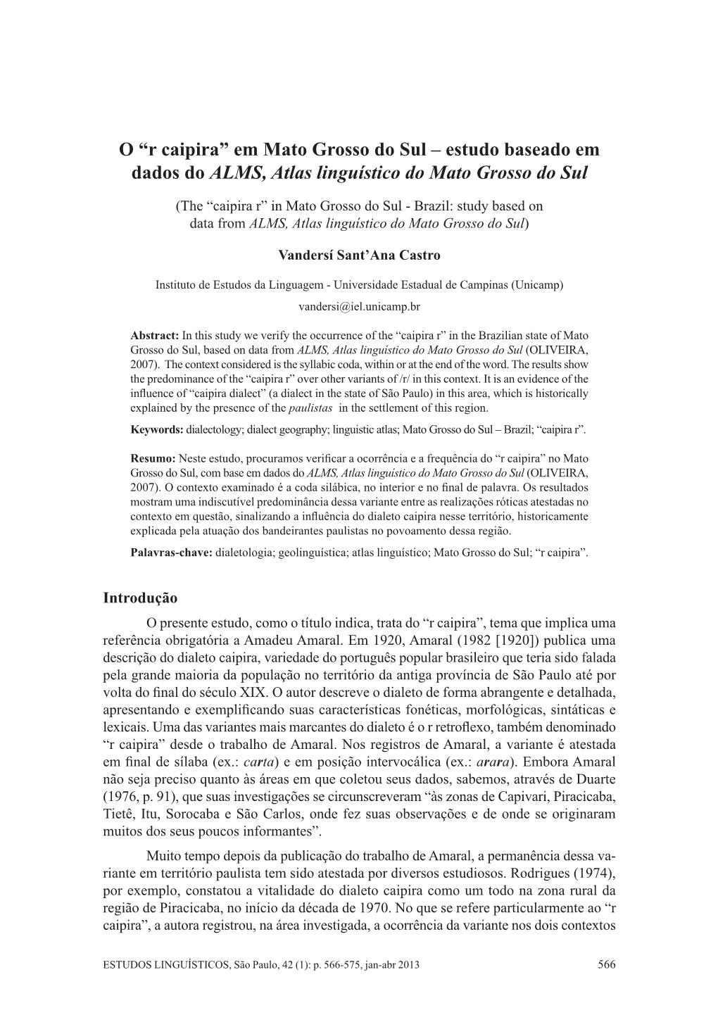 Estudo Baseado Em Dados Do ALMS, Atlas Linguístico Do Mato Grosso Do Sul