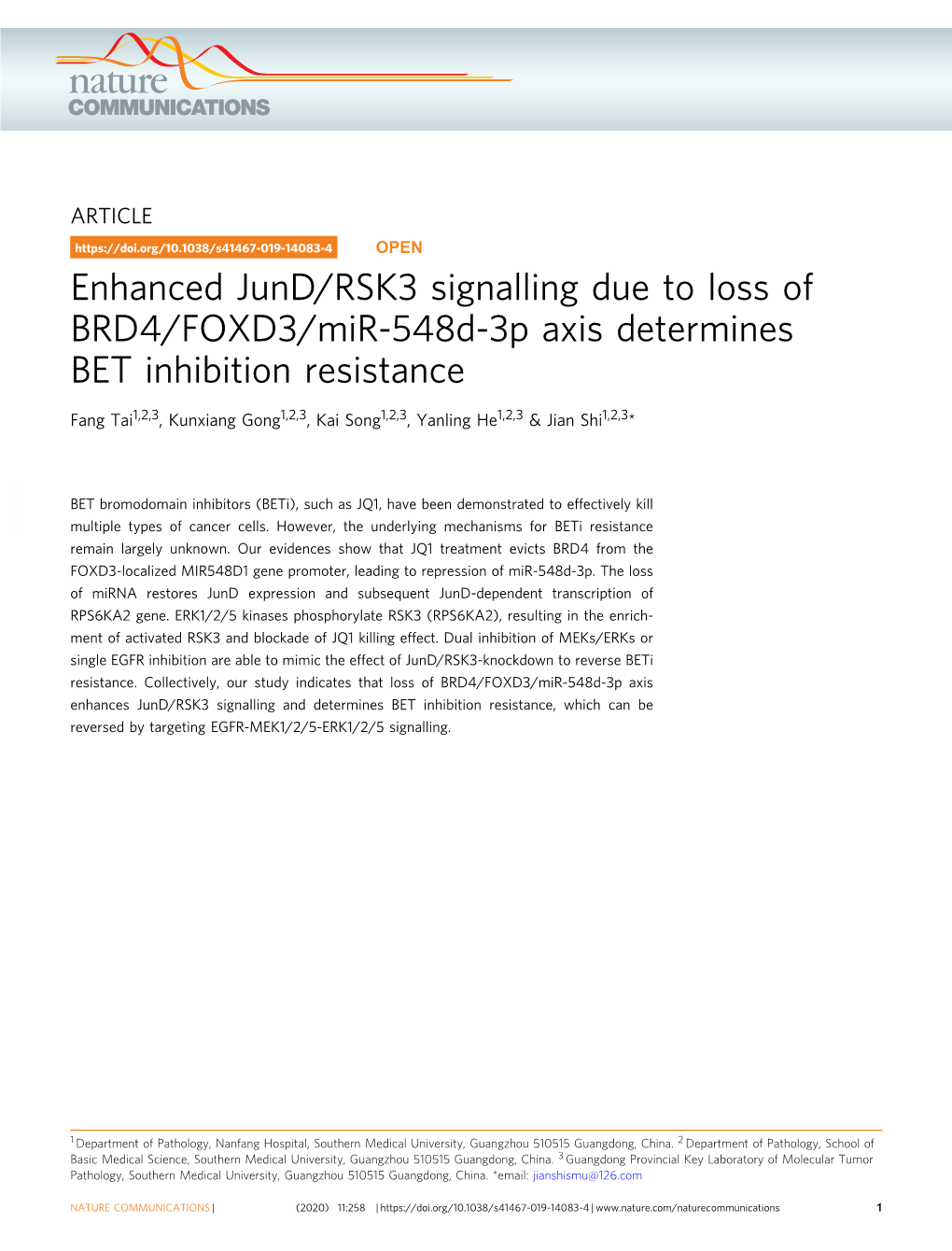 Enhanced Jund/RSK3 Signalling Due to Loss of BRD4/FOXD3/Mir-548D-3P Axis Determines BET Inhibition Resistance