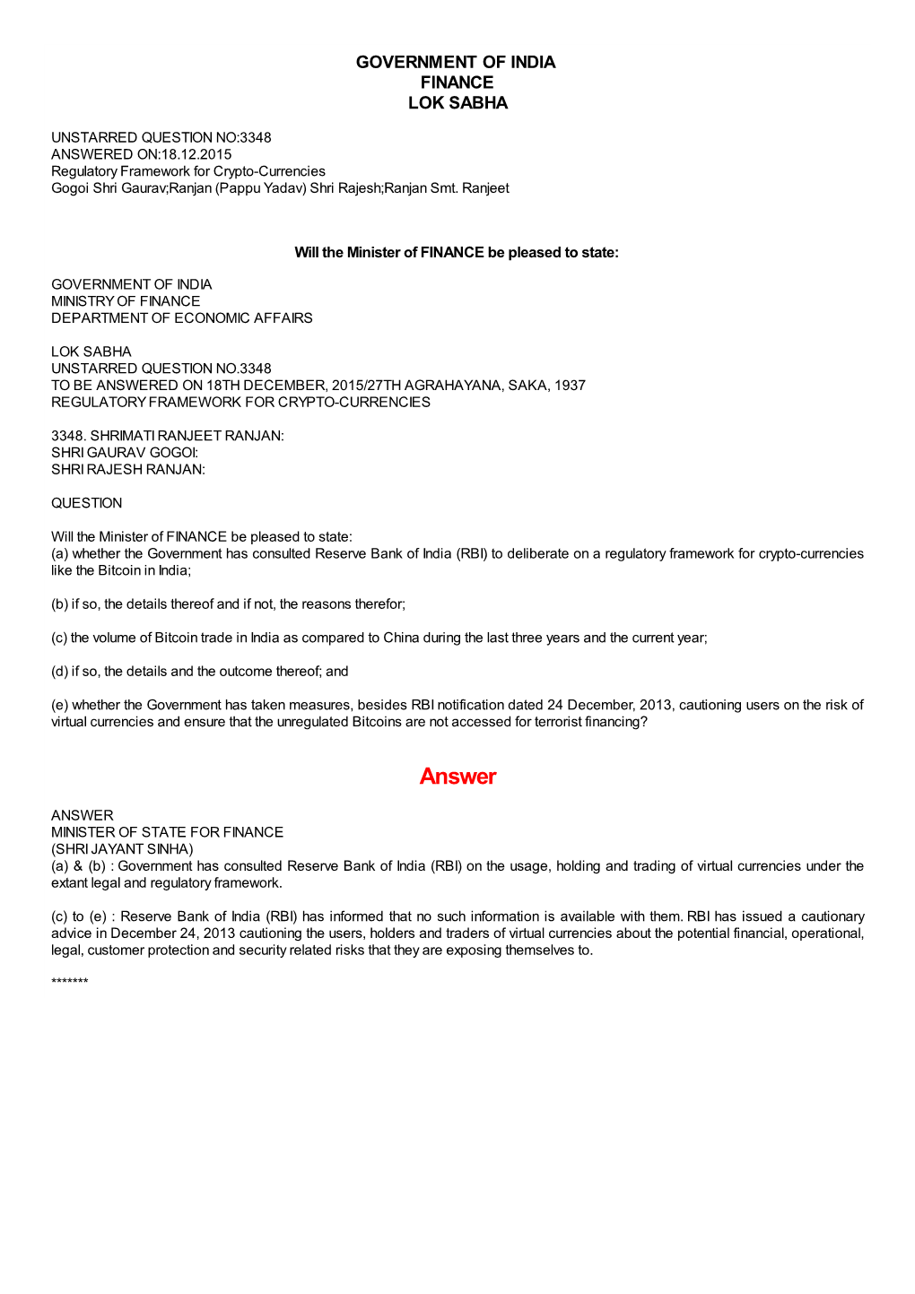 ANSWERED ON:18.12.2015 Regulatory Framework for Crypto-Currencies Gogoi Shri Gaurav;Ranjan (Pappu Yadav) Shri Rajesh;Ranjan Smt