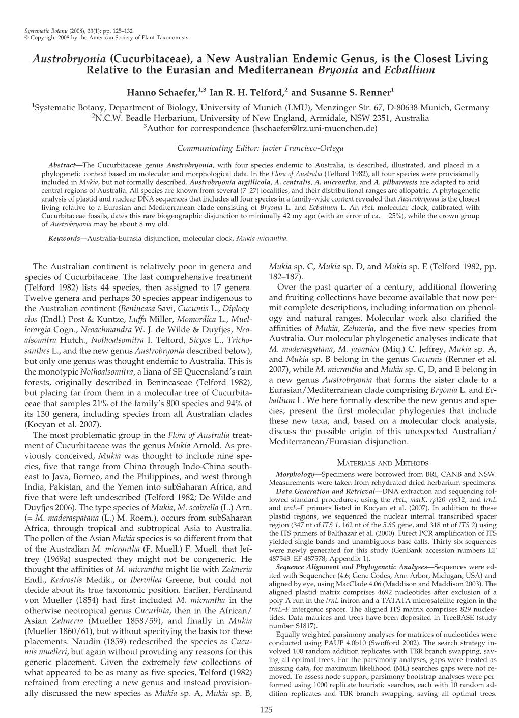 Austrobryonia (Cucurbitaceae), a New Australian Endemic Genus, Is the Closest Living Relative to the Eurasian and Mediterranean Bryonia and Ecballium