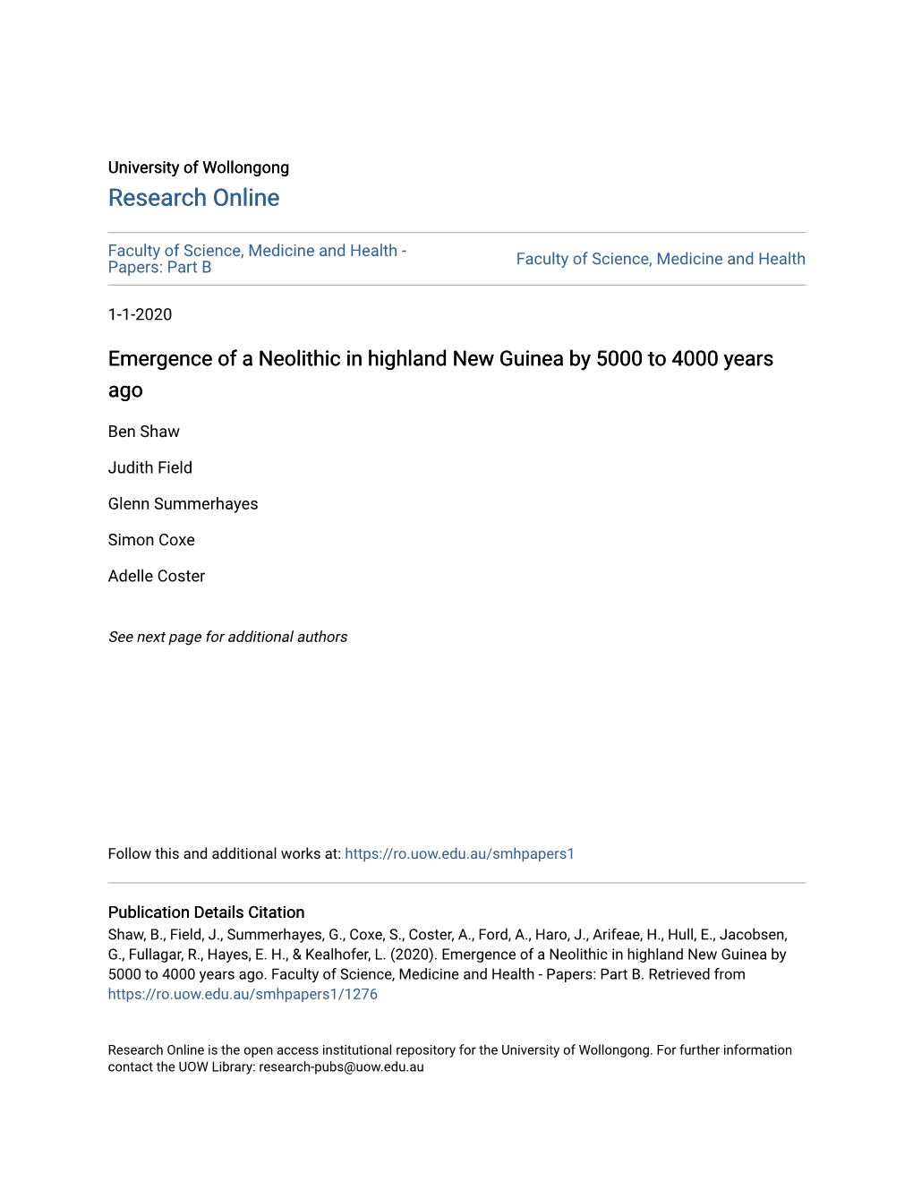 Emergence of a Neolithic in Highland New Guinea by 5000 to 4000 Years Ago