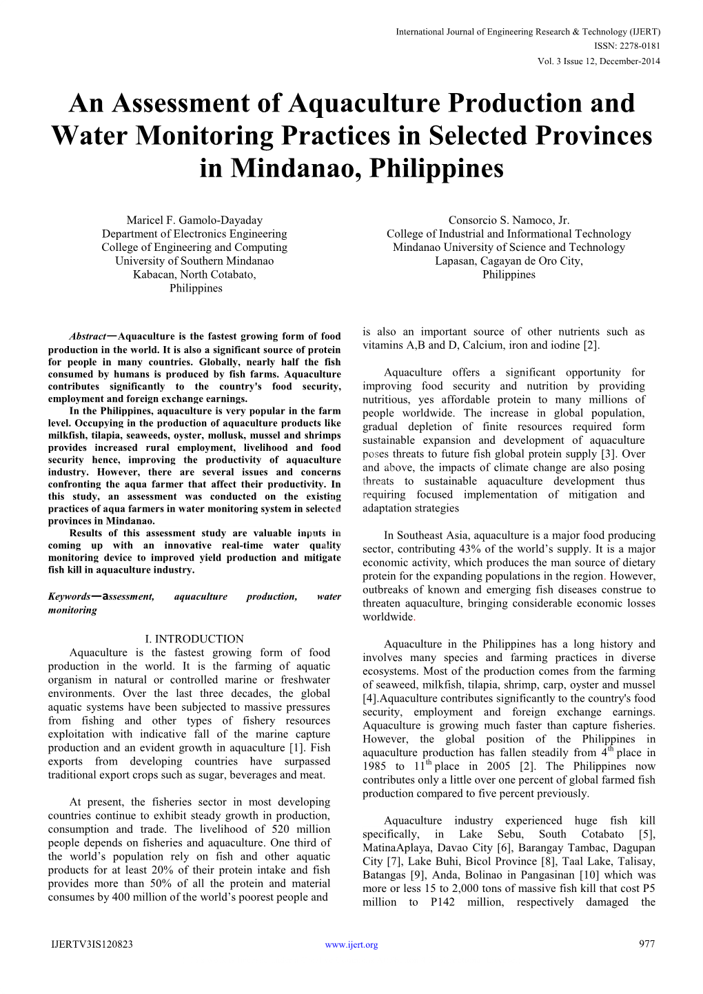 An Assessment of Aquaculture Production and Water Monitoring Practices in Selected Provinces in Mindanao, Philippines