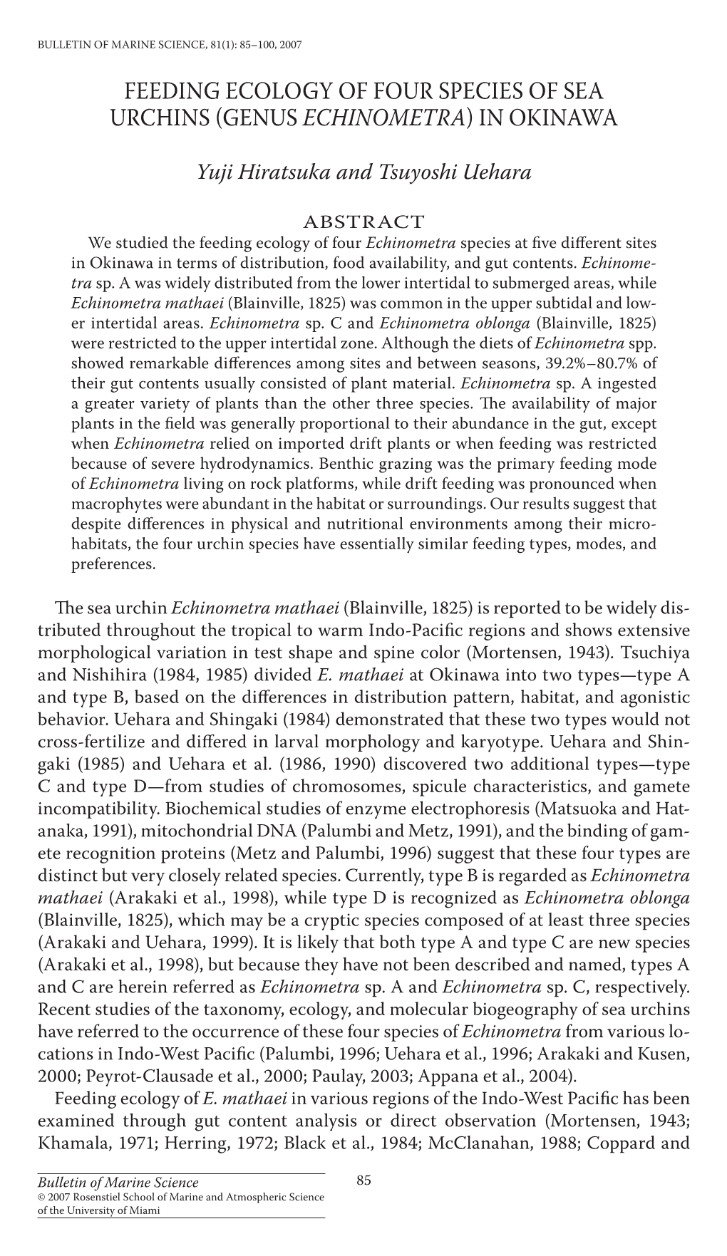 Feeding Ecology of Four Species of Sea Urchins (Genus <I>Echinometra</I