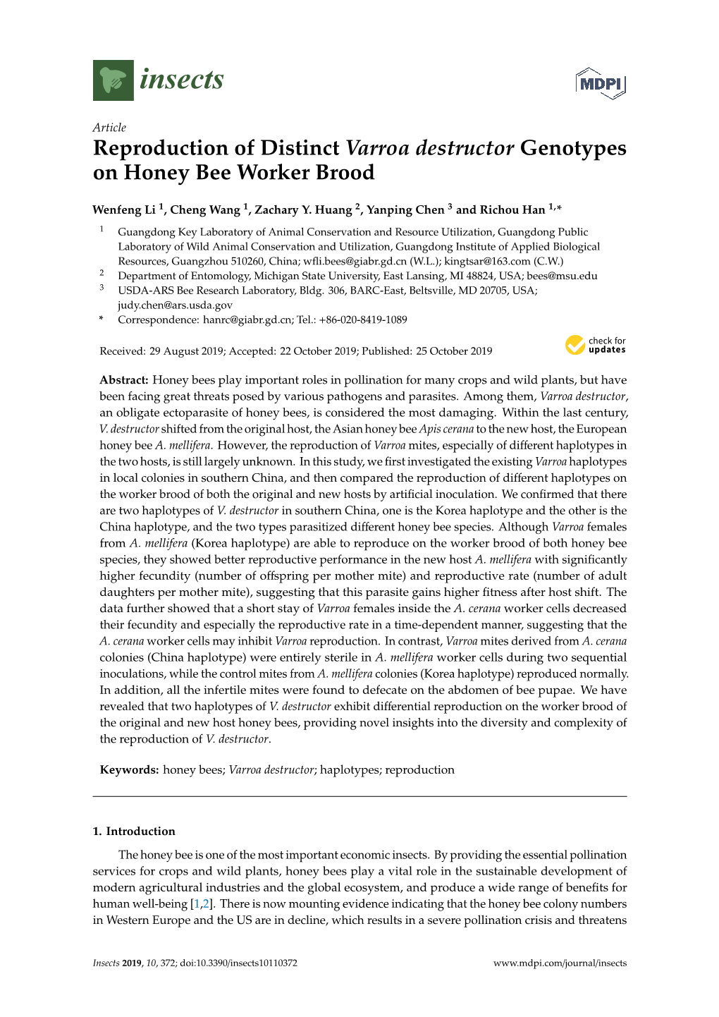 Reproduction of Distinct Varroa Destructor Genotypes on Honey Bee Worker Brood