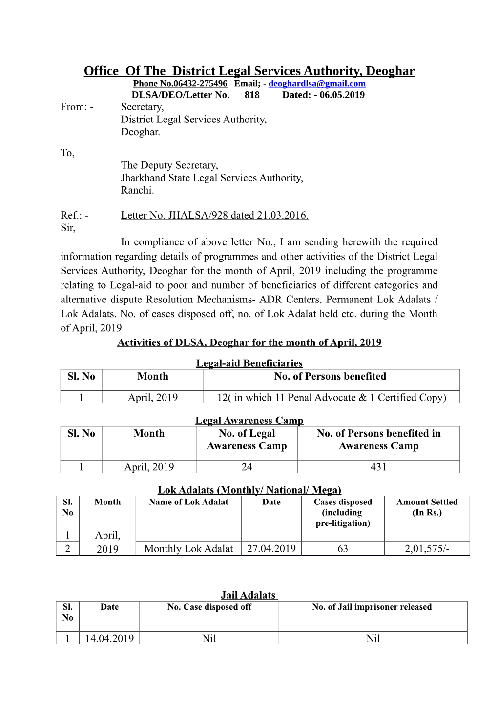 Activities of DLSA for the Month April 2019