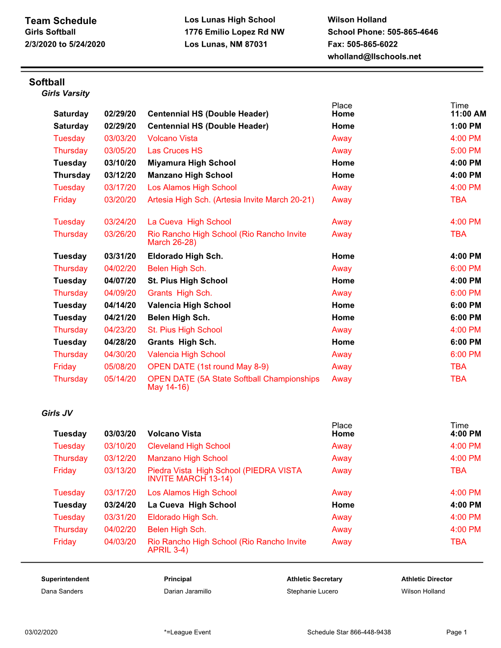 Team Schedule Softball