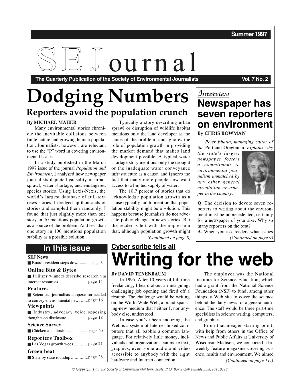 Sejournal the Quarterly Publication of the Society of Environmental Journalists Vol