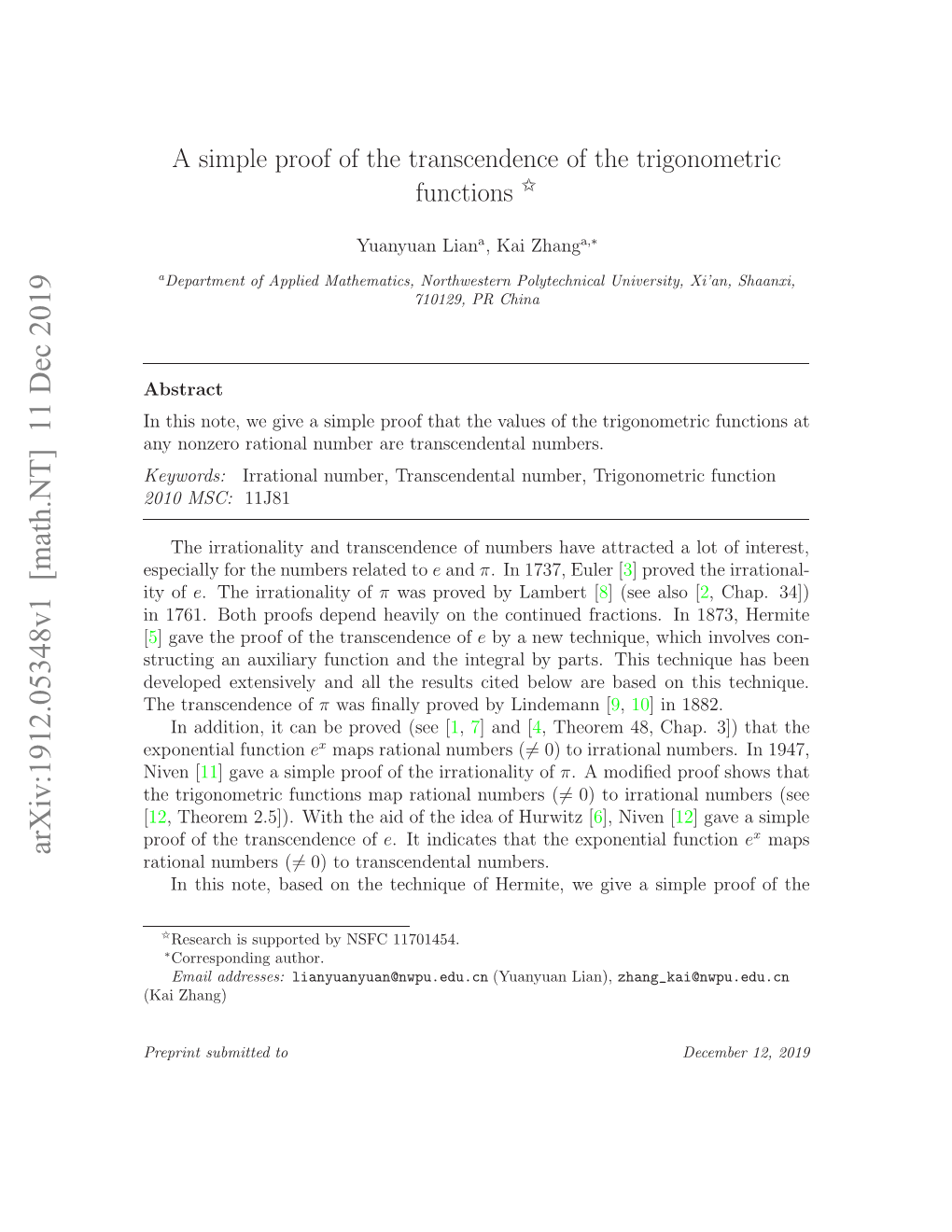 A Simple Proof of the Transcendence of the Trigonometric Functions