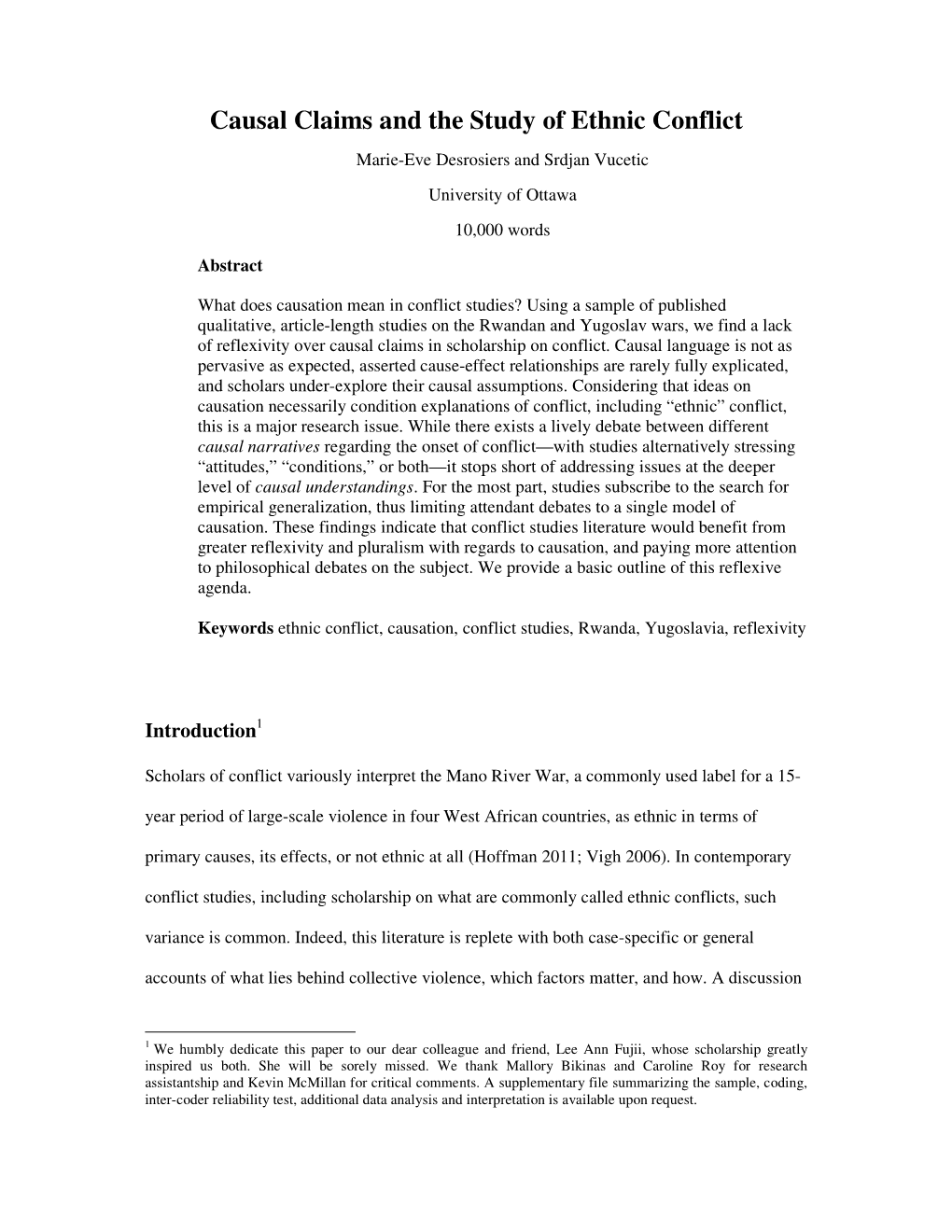 Causal Claims and the Study of Ethnic Conflict Marie-Eve Desrosiers and Srdjan Vucetic