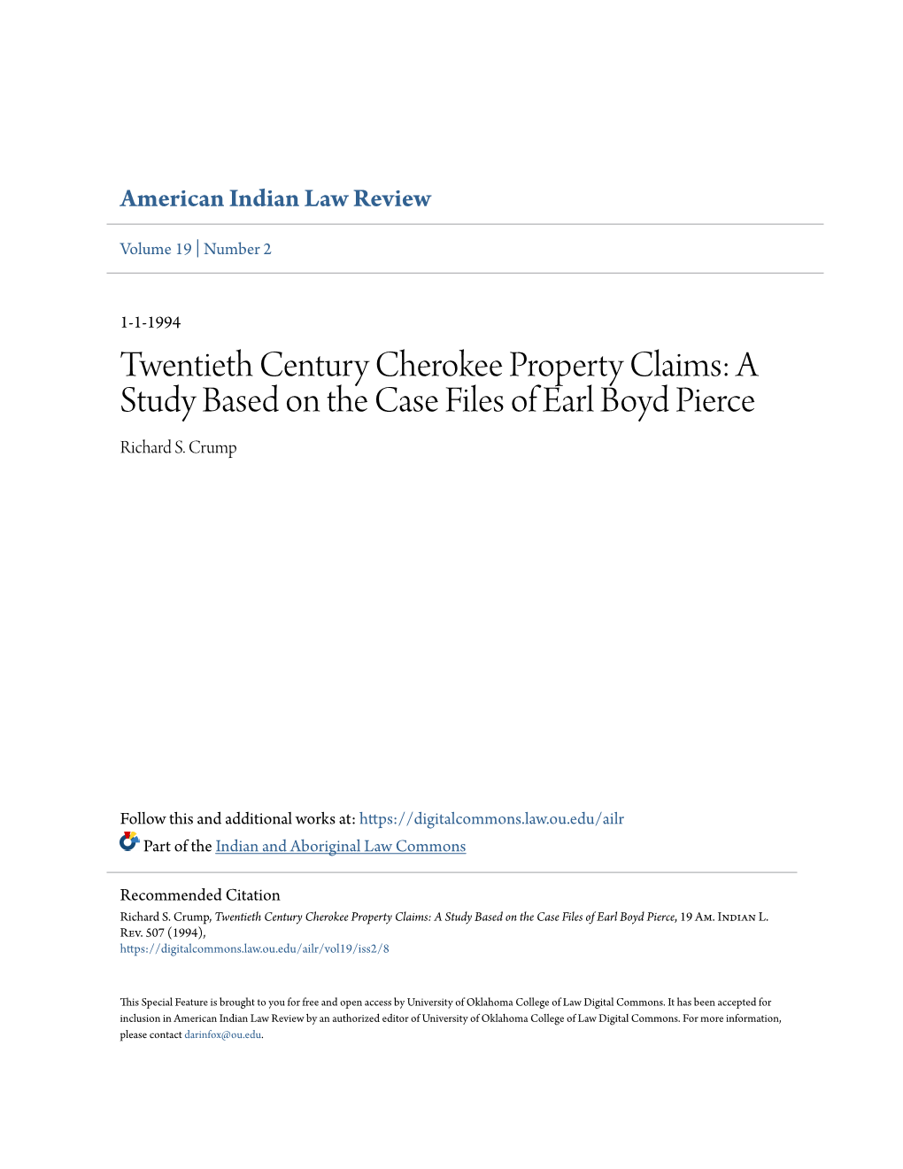 Twentieth Century Cherokee Property Claims: a Study Based on the Case Files of Earl Boyd Pierce Richard S