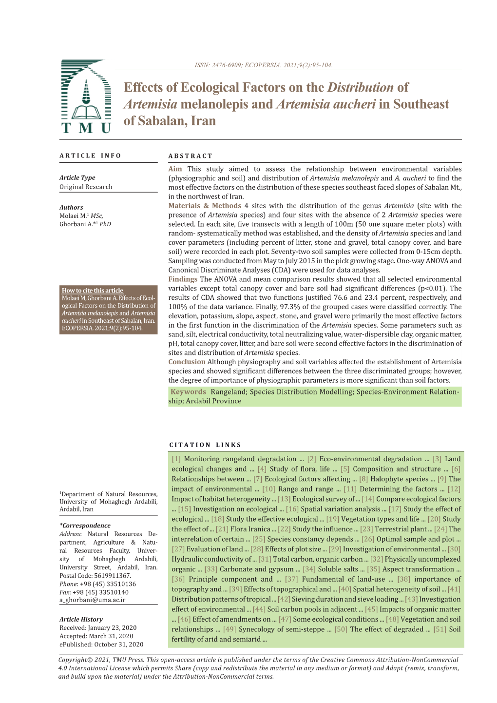 Effects of Ecological Factors on the Distribution of Artemisia Melanolepis and Artemisia Aucheri in Southeast of Sabalan, Iran