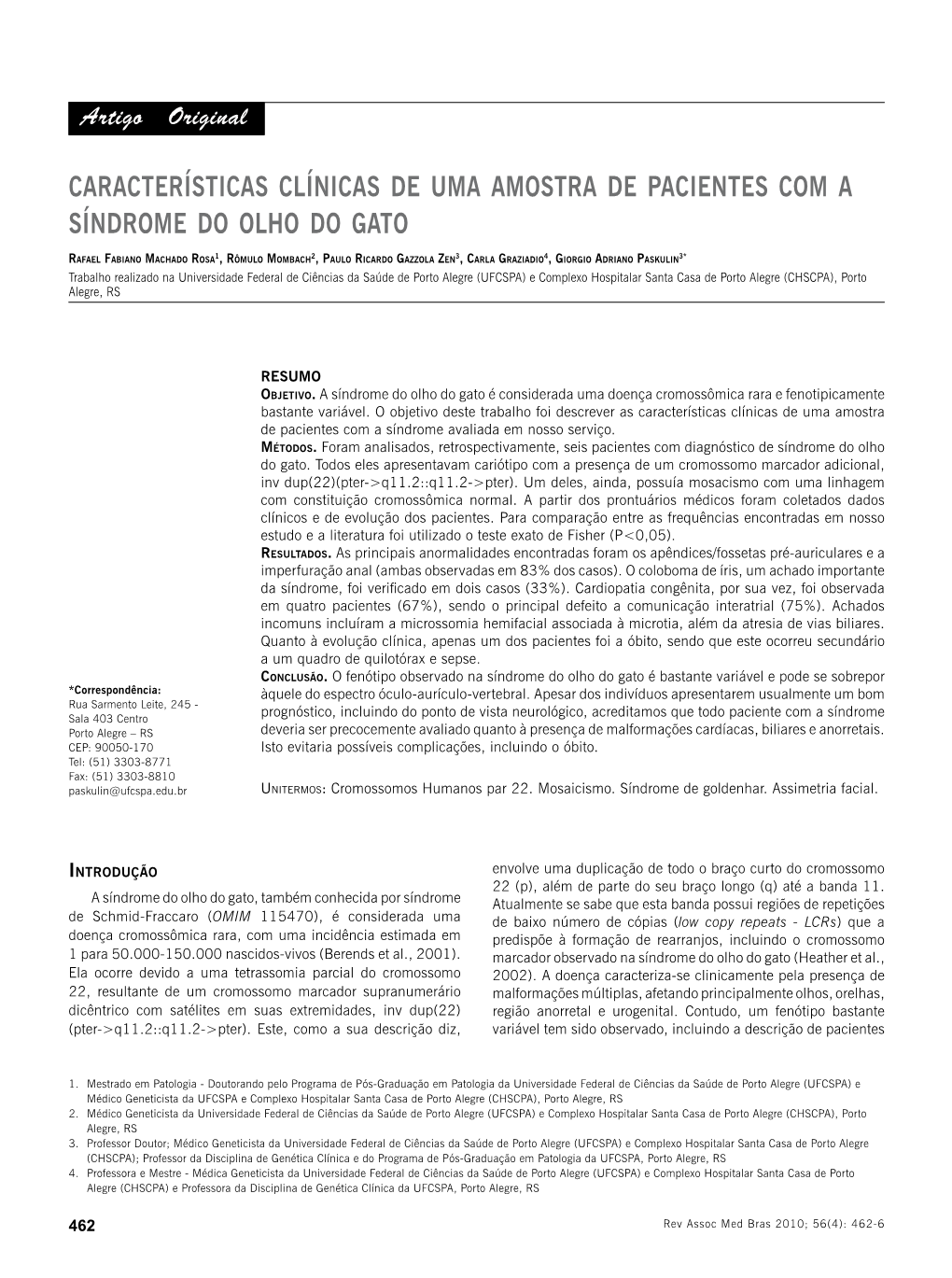 Clinical Characteristics of a Sample of Patients with Cat Eye Et Al