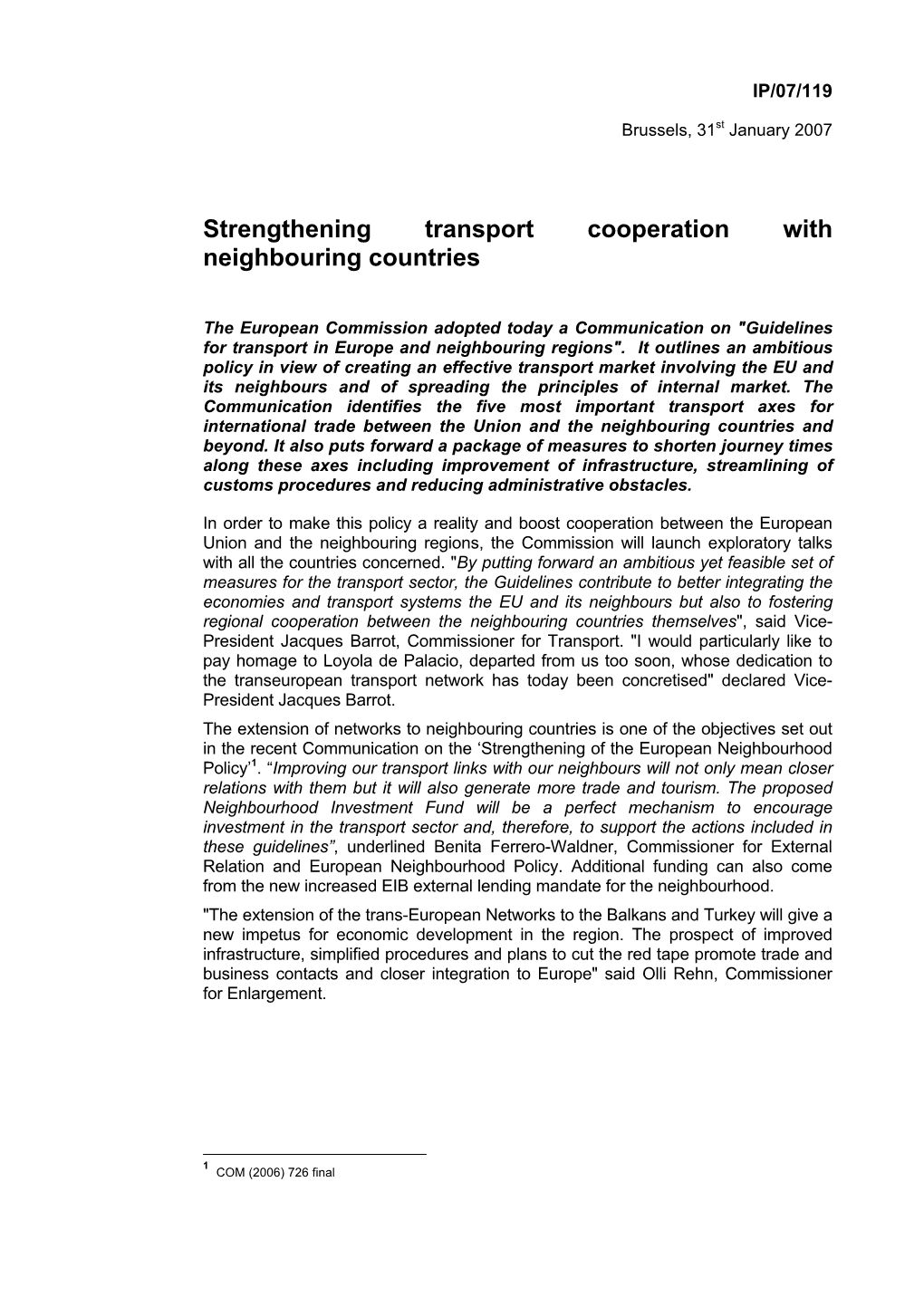 Strengthening Transport Cooperation with Neighbouring Countries