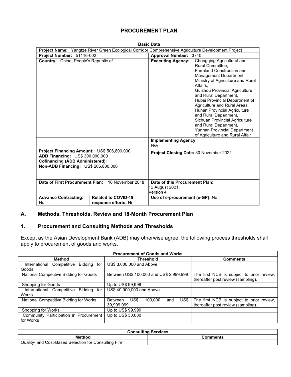 PROCUREMENT PLAN A. Methods, Thresholds, Review and 18-Month Procurement Plan 1. Procurement and Consulting Methods and Threshol