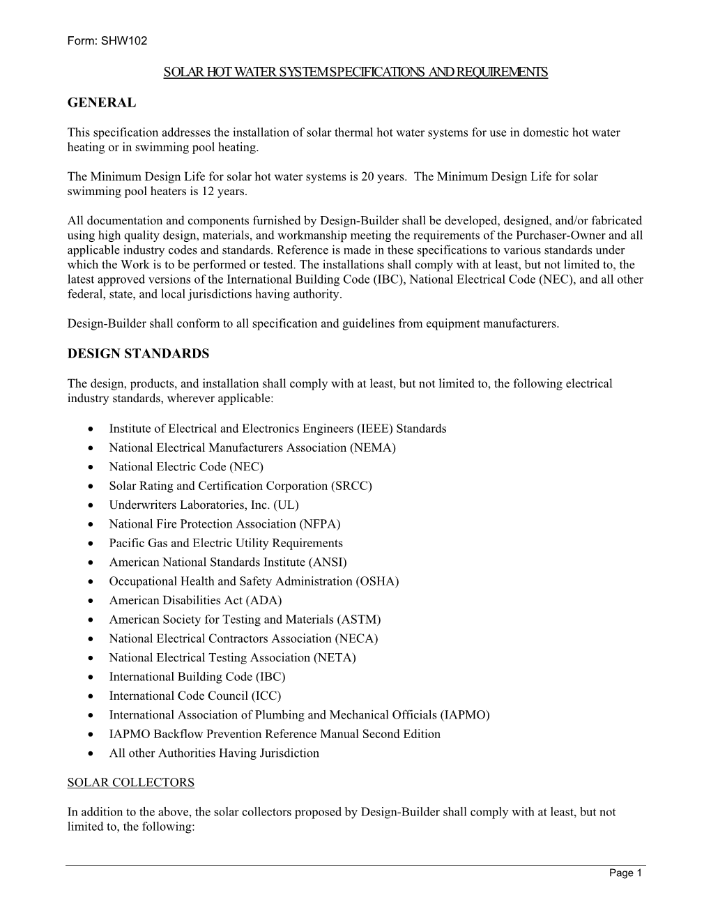 Solar Hot Water System Specifications and Requirements General