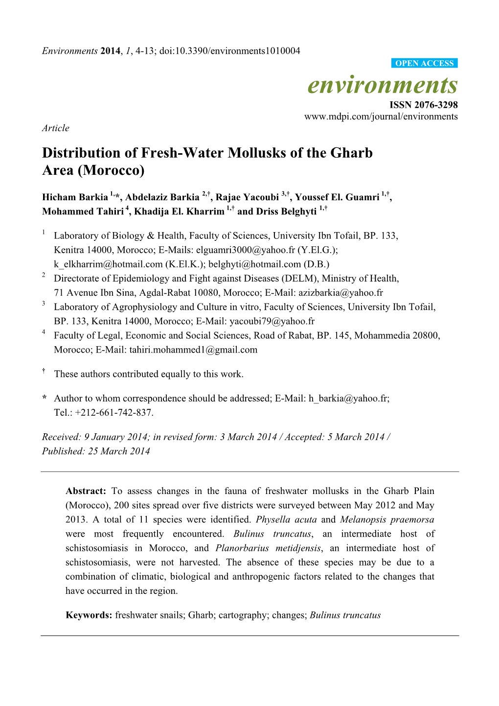 Distribution of Fresh-Water Mollusks of the Gharb Area (Morocco)