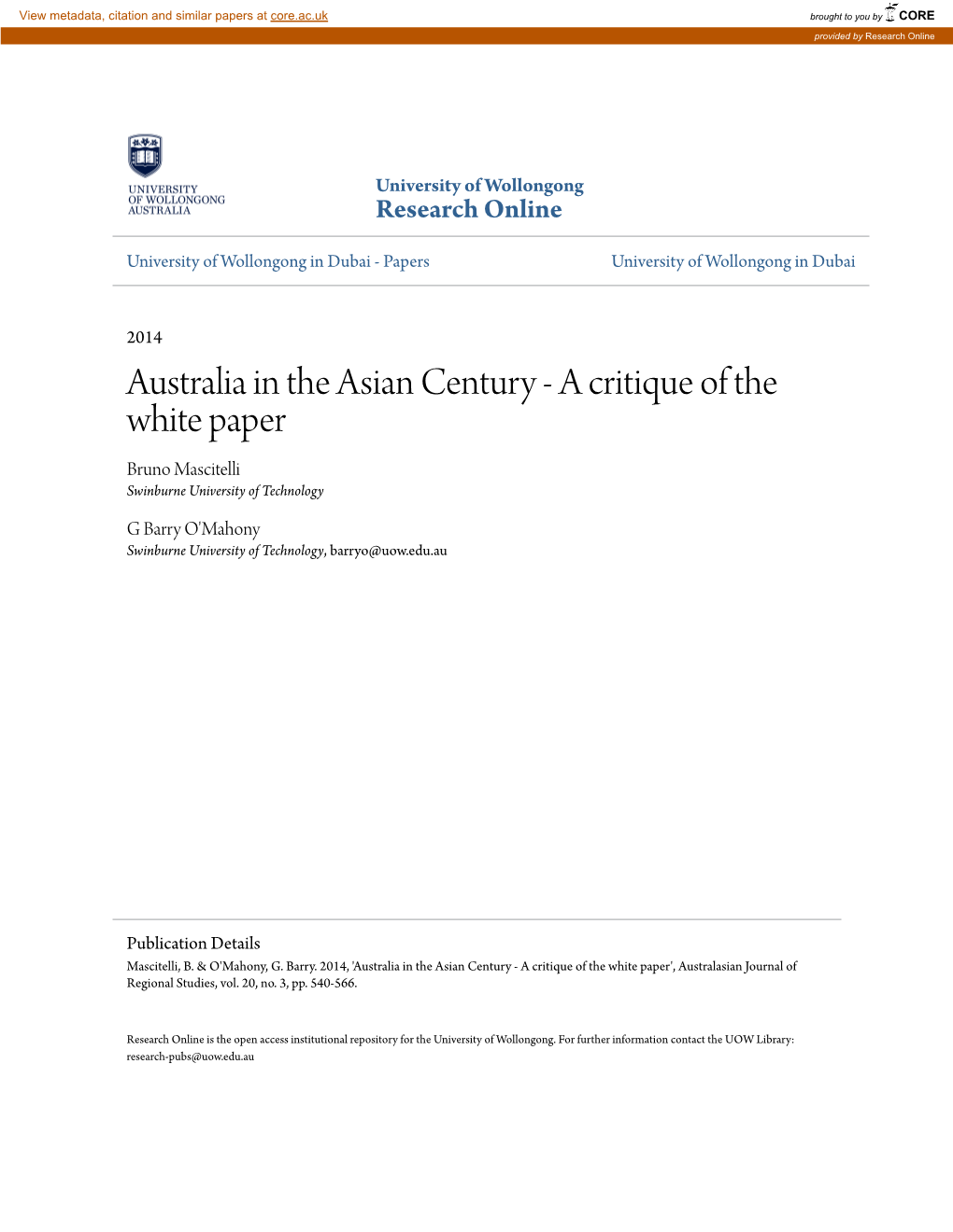 Australia in the Asian Century - a Critique of the White Paper Bruno Mascitelli Swinburne University of Technology