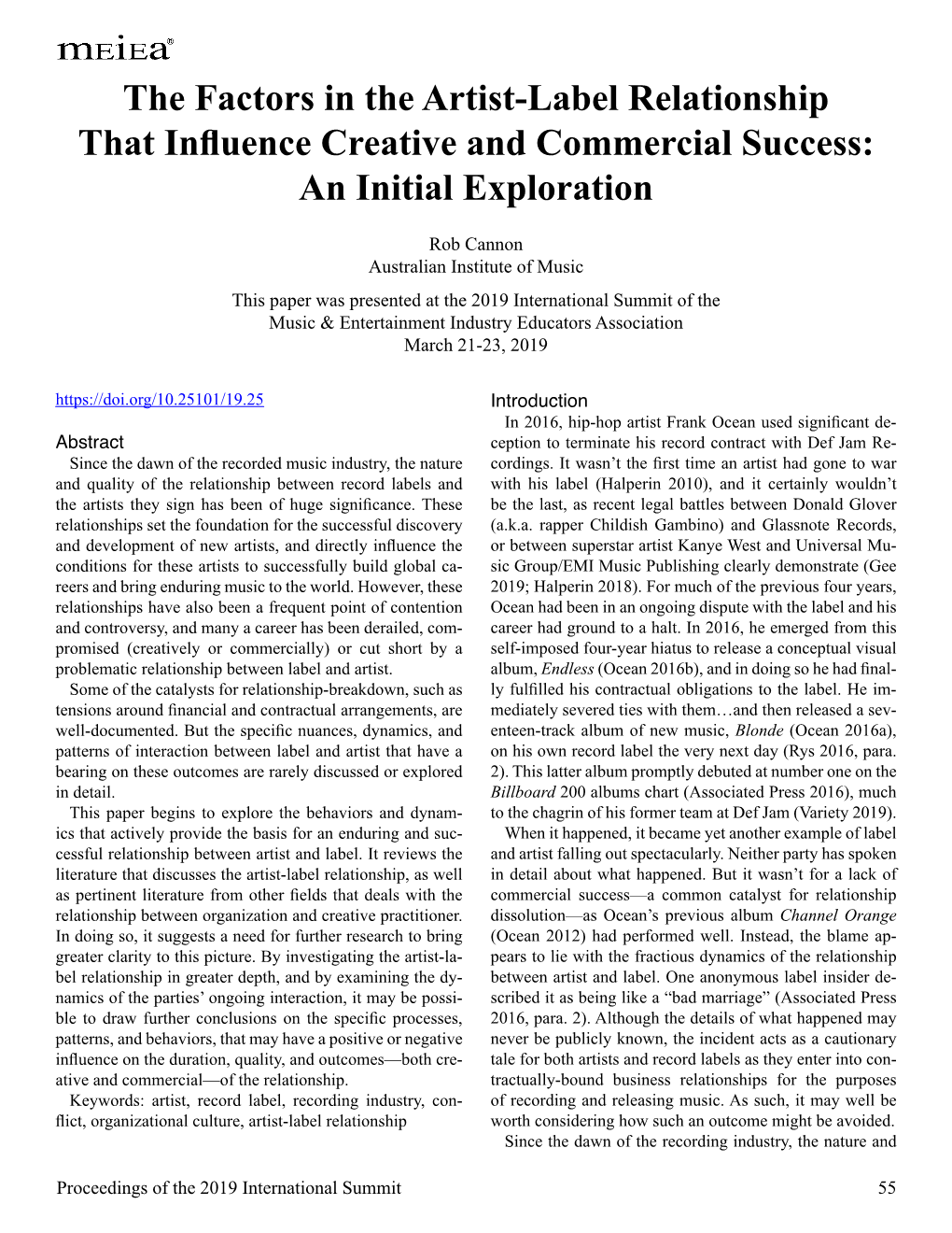 The Factors in the Artist-Label Relationship That Influence Creative and Commercial Success: an Initial Exploration