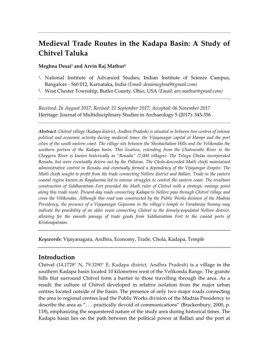 Medieval Trade Routes in the Kadapa Basin: a Study of Chitvel Taluka