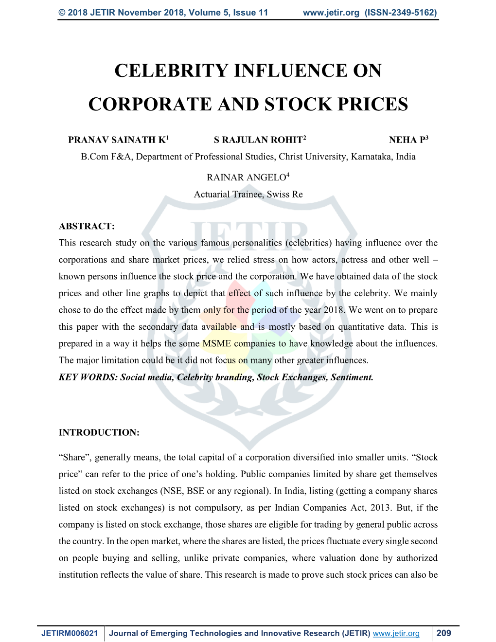 Celebrity Influence on Corporate and Stock Prices