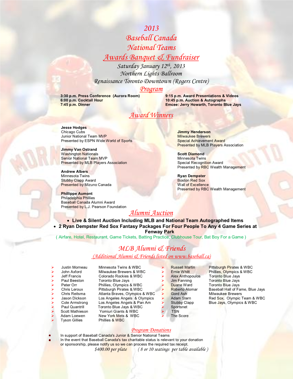 2013 Baseball Canada National Teams Awards Banquet & Fundraiser