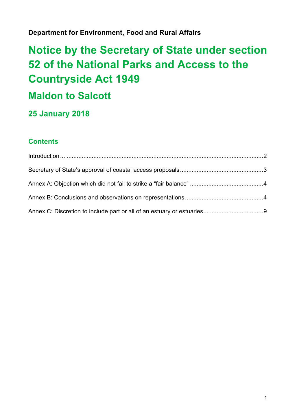 Notice by the Secretary of State Under Section 52 of the National Parks and Access to the Countryside Act 1949 Maldon to Salcott