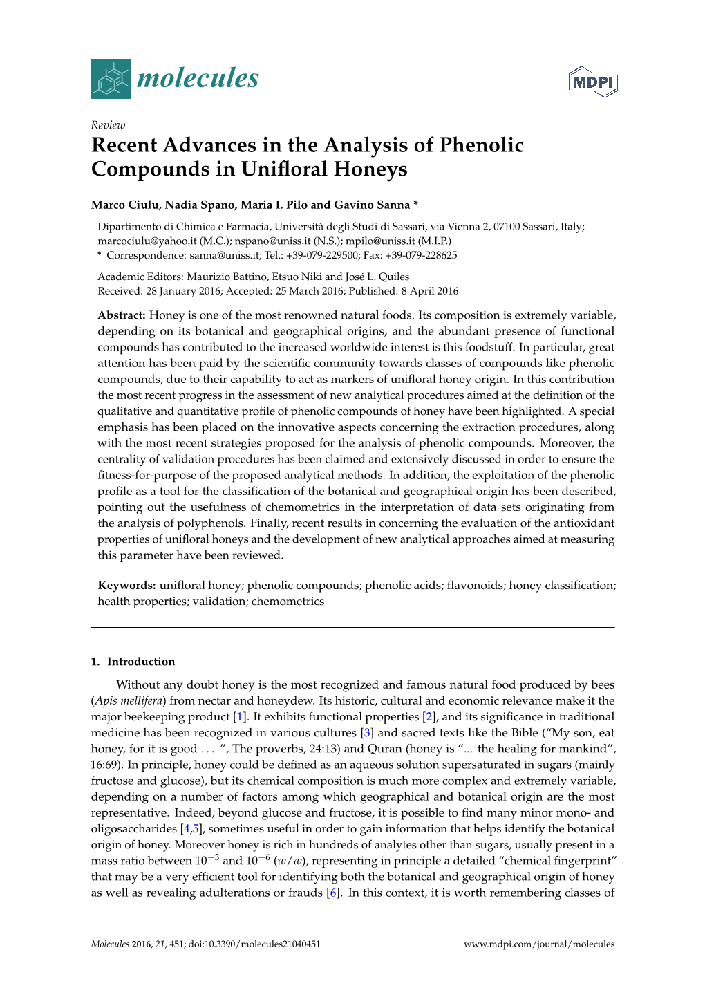 Recent Advances in the Analysis of Phenolic Compounds in Unifloral