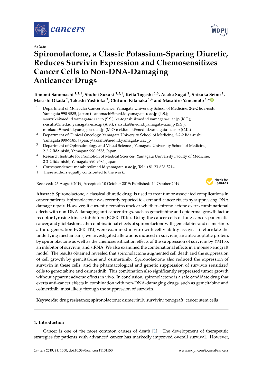 Spironolactone, a Classic Potassium-Sparing Diuretic, Reduces Survivin Expression and Chemosensitizes Cancer Cells to Non-DNA-Damaging Anticancer Drugs