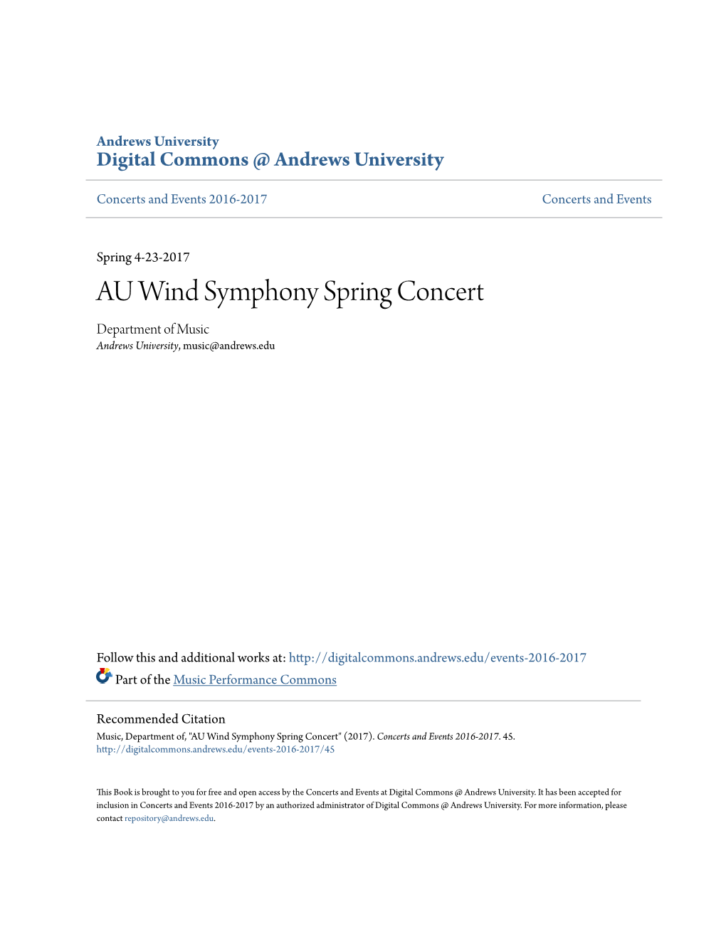 AU Wind Symphony Spring Concert Department of Music Andrews University, Music@Andrews.Edu