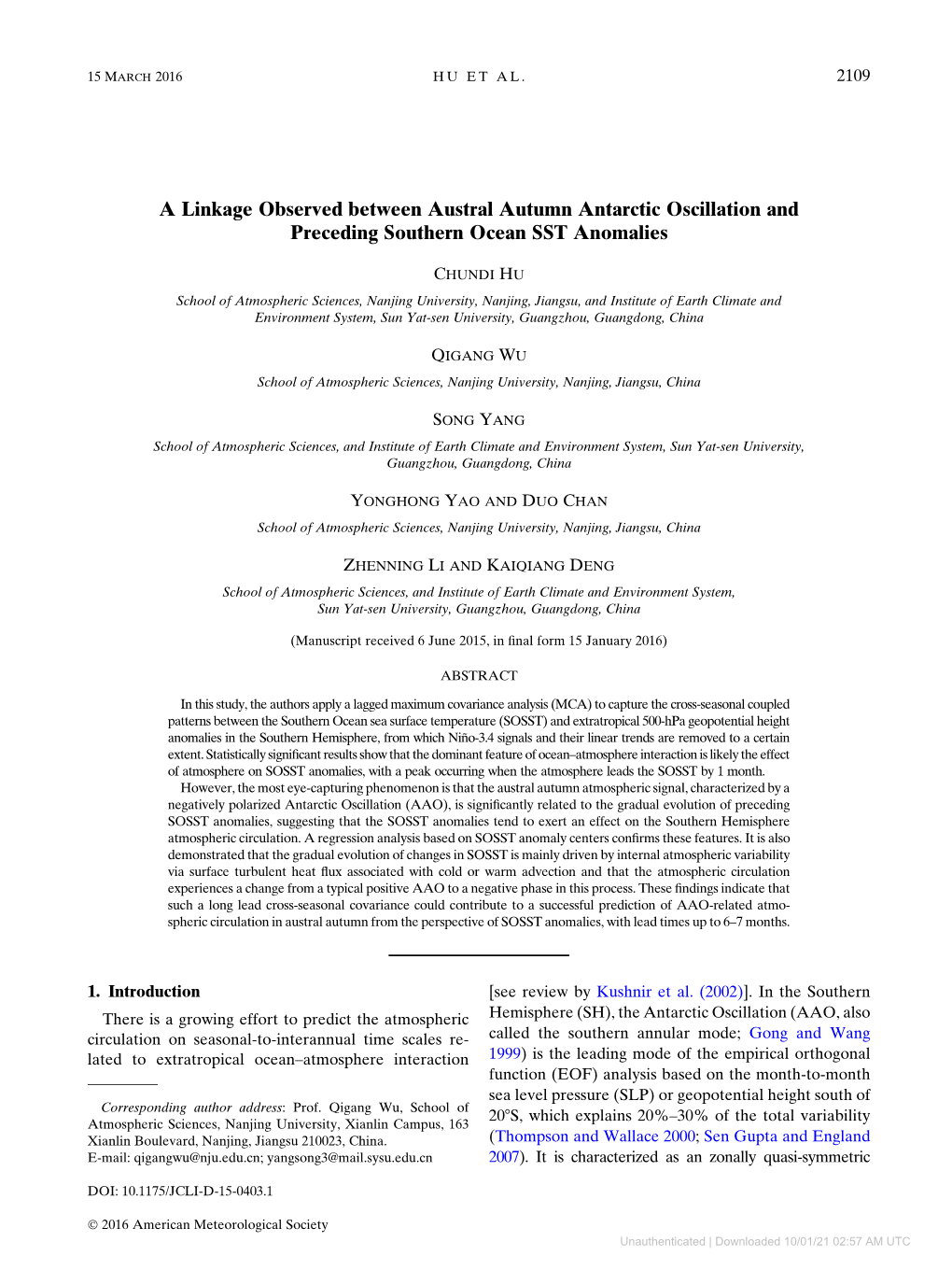 A Linkage Observed Between Austral Autumn Antarctic Oscillation and Preceding Southern Ocean SST Anomalies