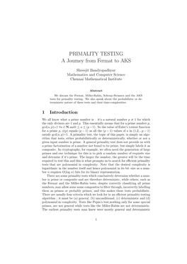 PRIMALITY TESTING a Journey from Fermat to AKS