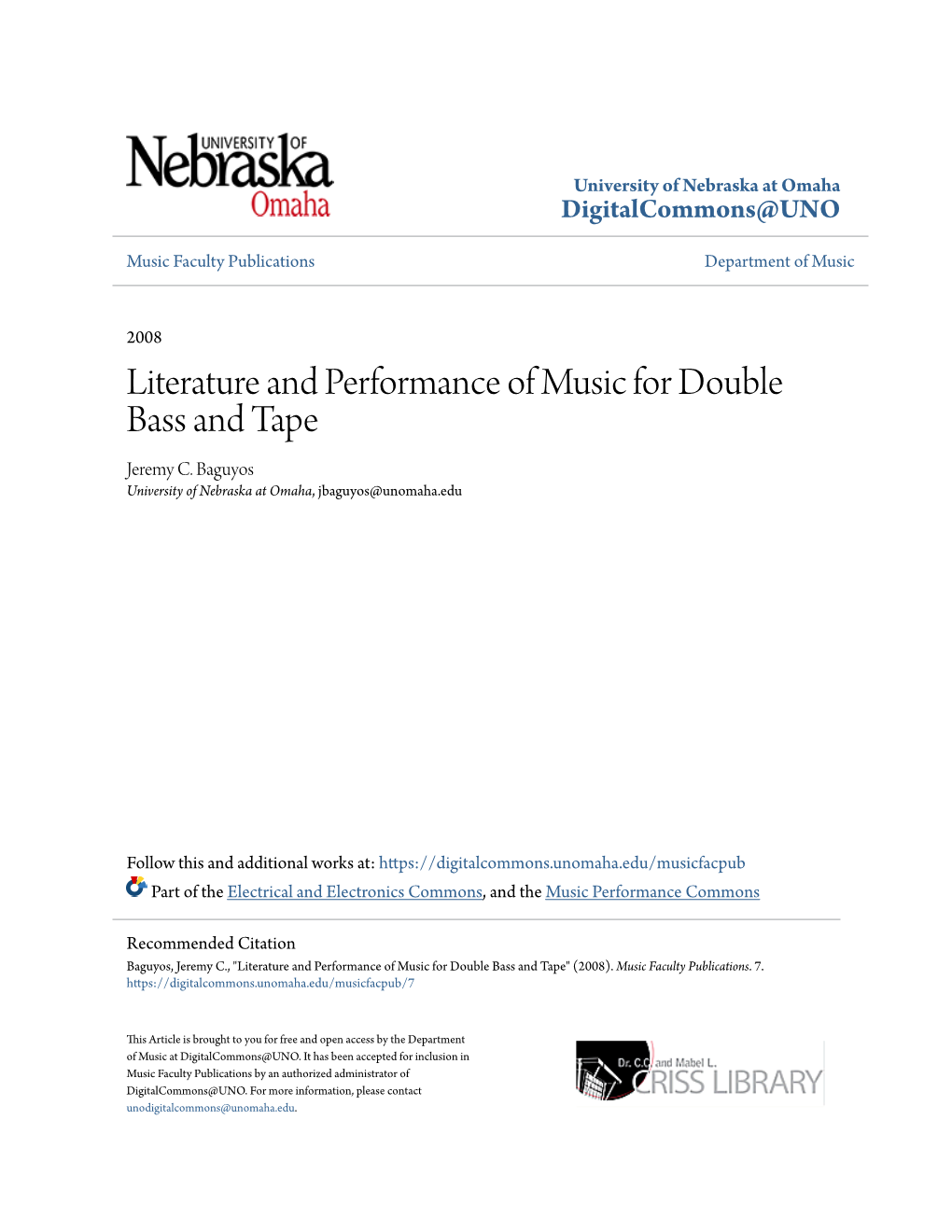 Literature and Performance of Music for Double Bass and Tape Jeremy C