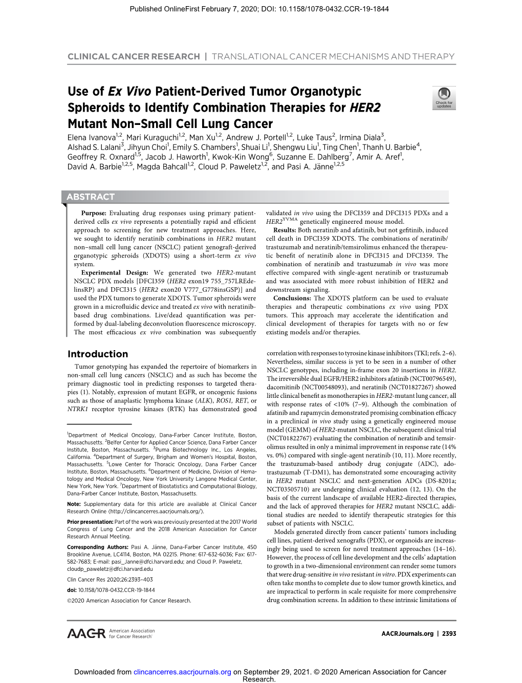 Use of Ex Vivo Patient-Derived Tumor Organotypic Spheroids to Identify