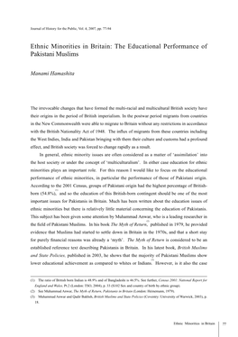 Ethnic Minorities in Britain: the Educational Performance of Pakistani Muslims