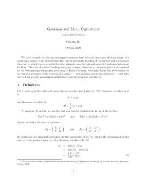 Gaussian and Mean Curvatures∗ (Com S 477/577 Notes)